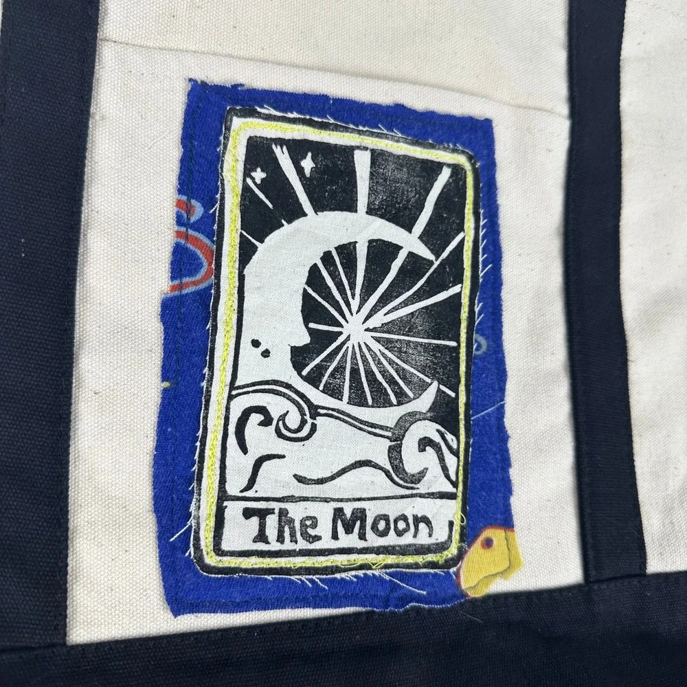 The Moon Tarot Card Canvas Tote Bag Black Celestial Linocut Handmade Shopper
